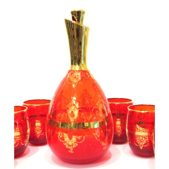 VTG Ferro Lazzarini Italian MURANO GLASS 10" DECANTER SET 8PC Ruby Red 24k Gold - Picture 4 of 7